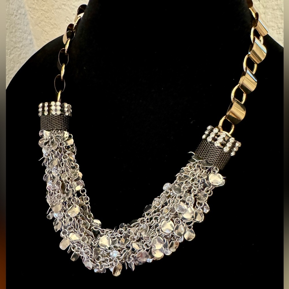 New! Chunky Statement 22” Necklace Silver, Gold & Rhinestone, Great bling!